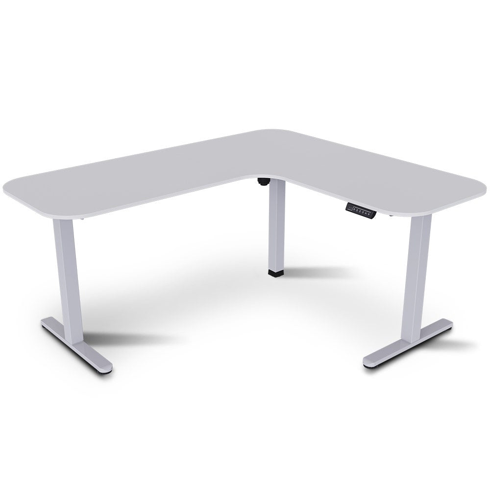 Corner Standing Desk, 160x140cm, 72-118cm Sit to Stand Up Electric Height Adjustable, White Desktop/Silver Frame