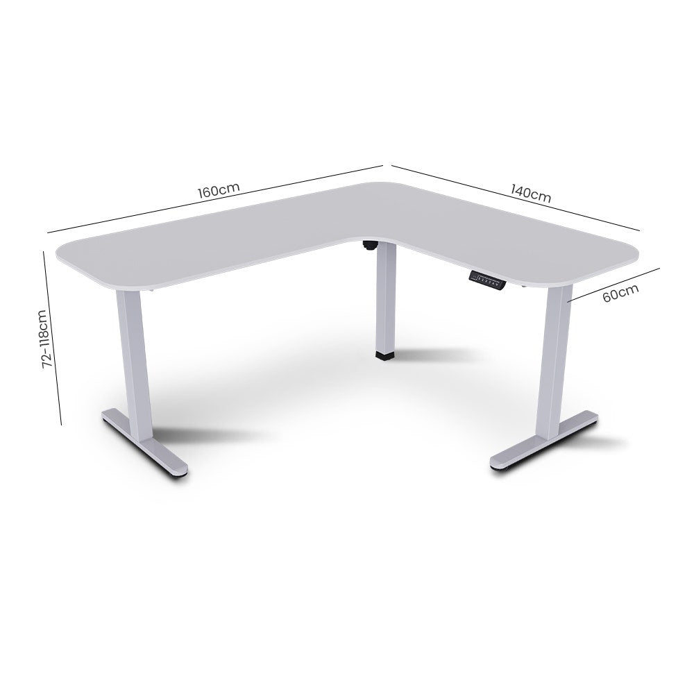Corner Standing Desk, 160x140cm, 72-118cm Sit to Stand Up Electric Height Adjustable, White Desktop/Silver Frame