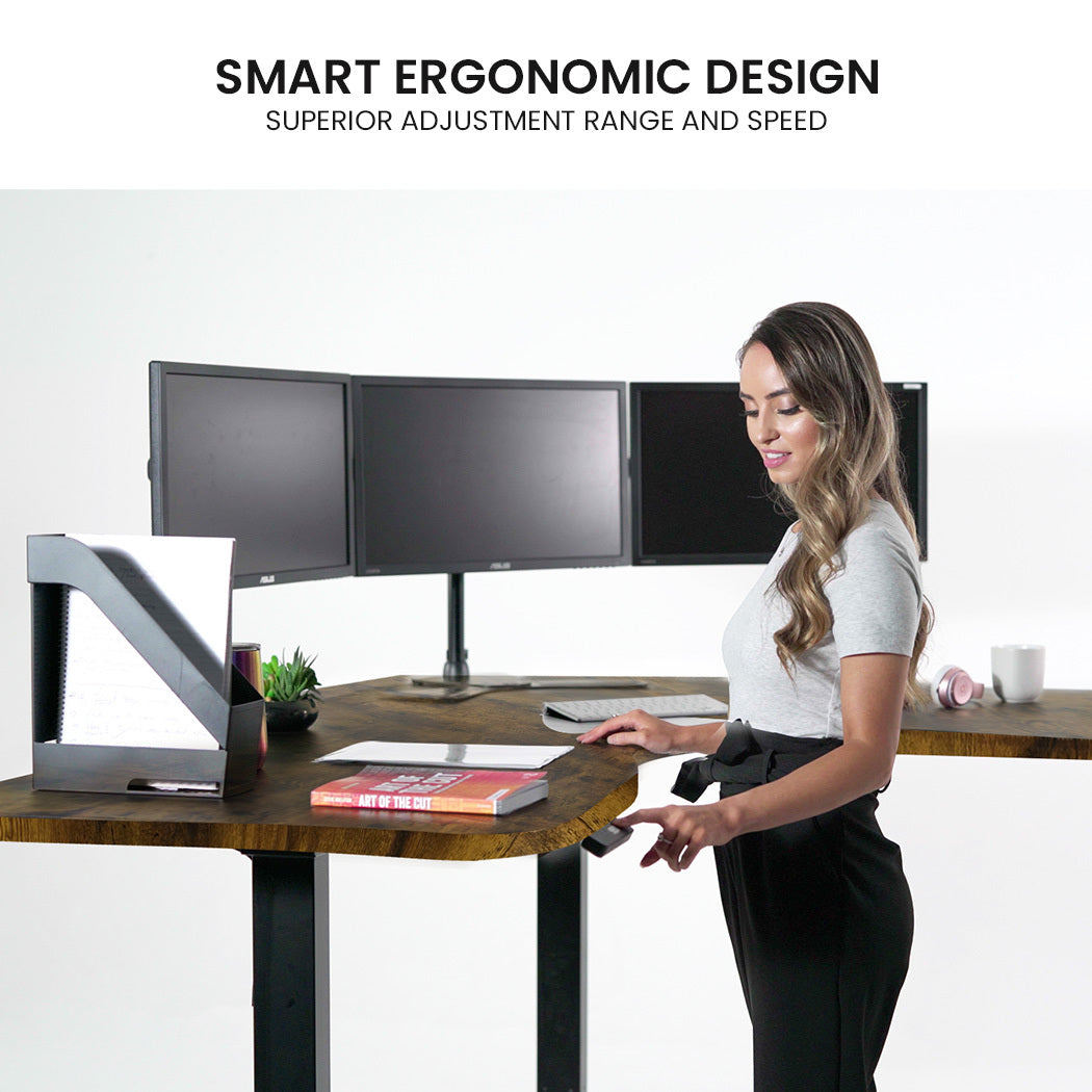 173W x 173W x 75D 3-Motor 120kg Load Adjustable Electric Sit to Stand Up Corner Desk - Walnut/Black Frame