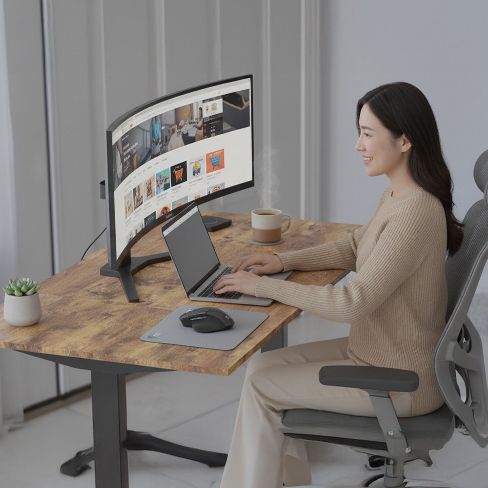 Sit to Stand Standing Desk, 160x60cm, 72-118cm Electric Height Adjustable, Walnut Style Desktop/Black Frame