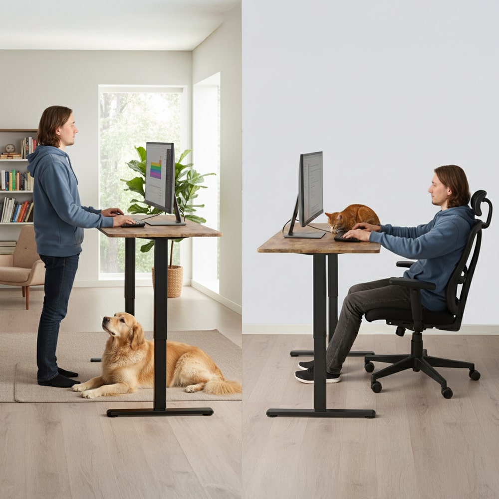 Sit to Stand Standing Desk, 160x60cm, 72-118cm Electric Height Adjustable, Walnut Style Desktop/Black Frame