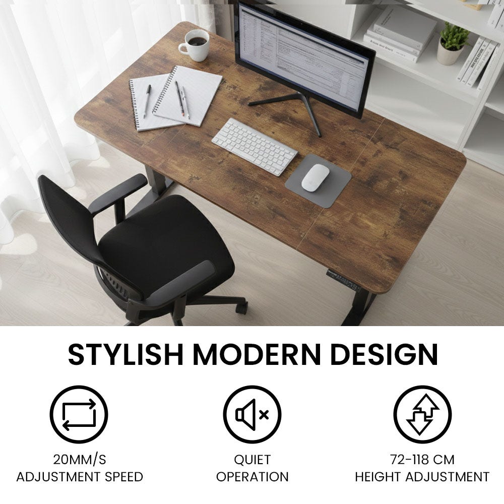 Sit to Stand Standing Desk, 160x60cm, 72-118cm Electric Height Adjustable, Walnut Style Desktop/Black Frame