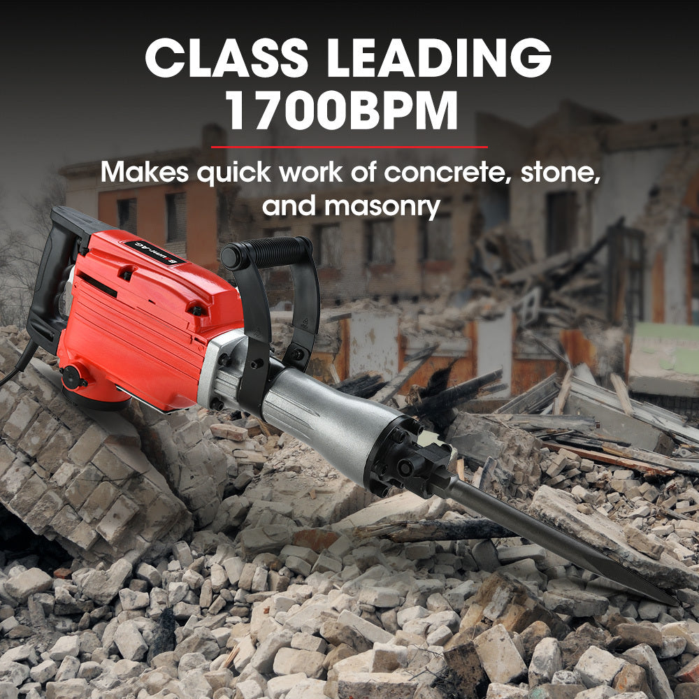 2200W Pro-Grade Electric Demolition Jackhammer, with 3 Bonus Chisels, Carry Case