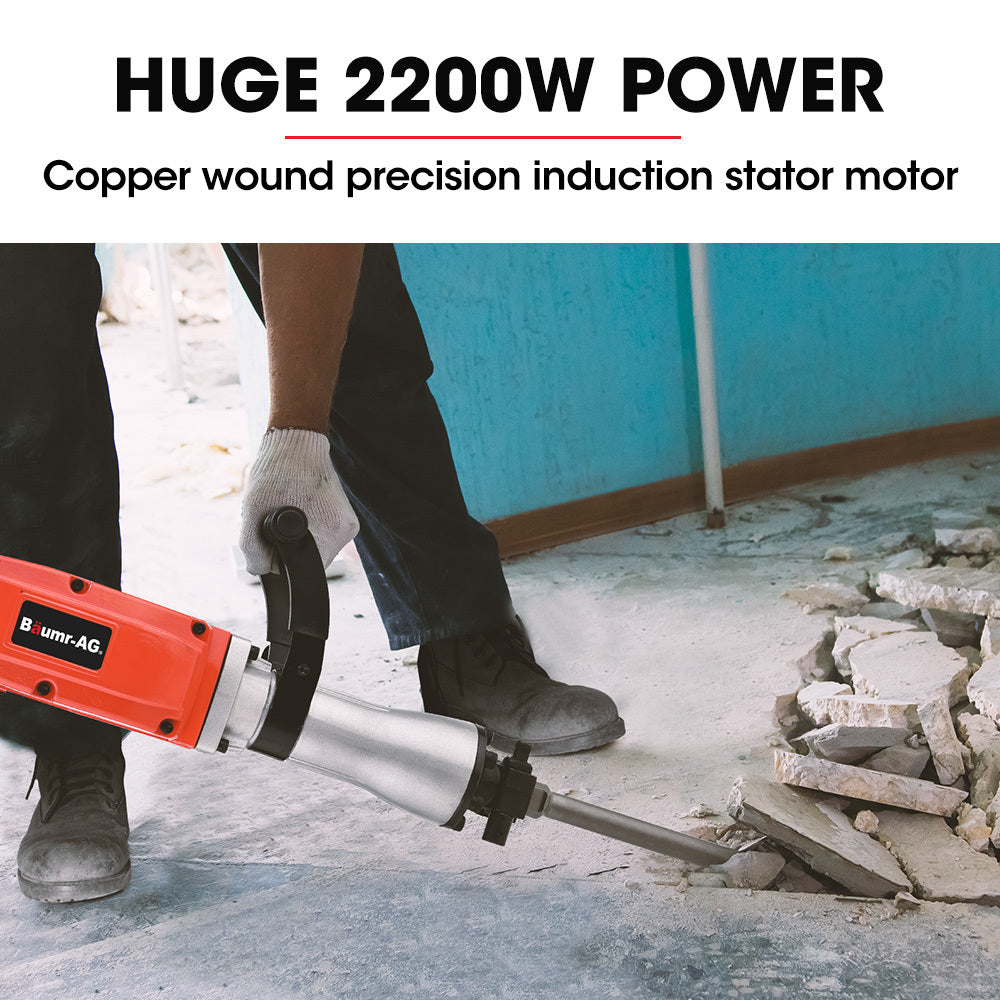 2200W Pro-Grade Electric Demolition Jackhammer, with 3 Bonus Chisels, Carry Case