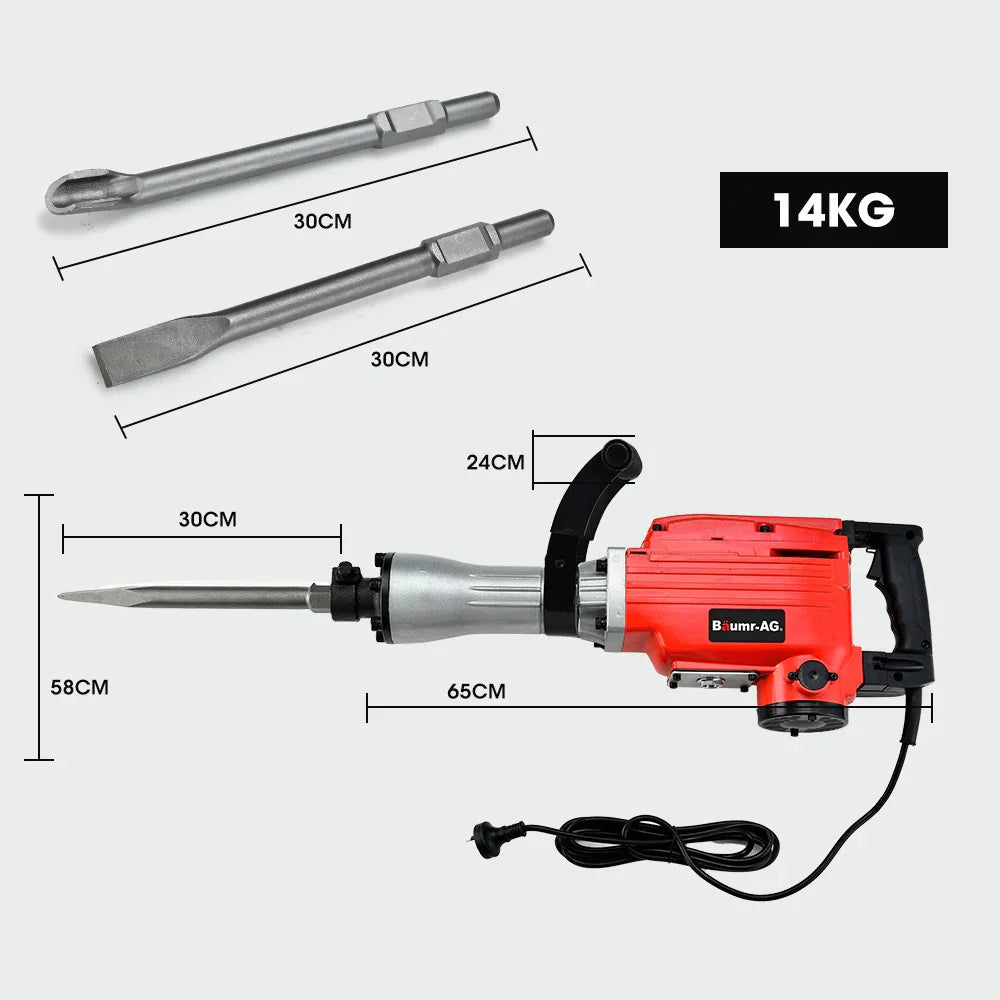 2200W Pro-Grade Electric Demolition Jackhammer, with 3 Bonus Chisels, Steel Carry Case