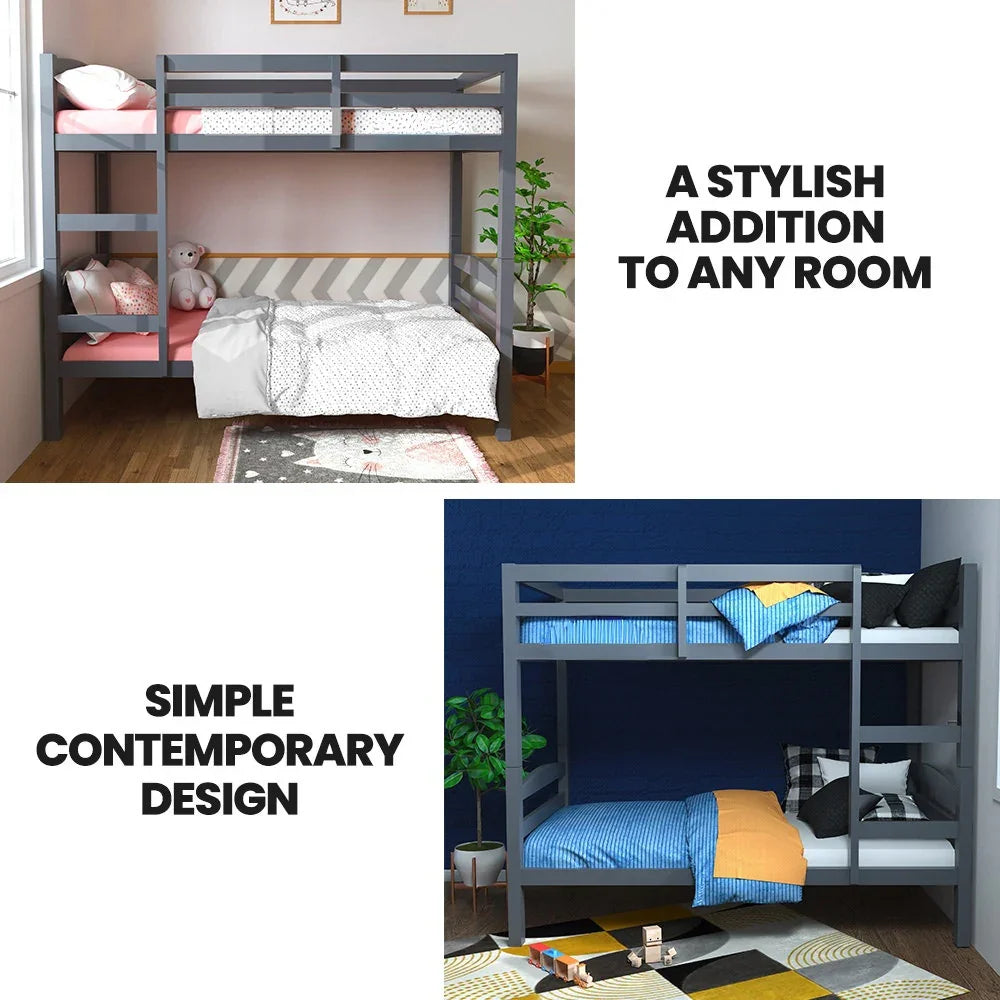 Single Bunk Bed Frame, Solid Pine 2-in-1 Modular Design, Converts to 2 Single Beds, For Kids, Grey