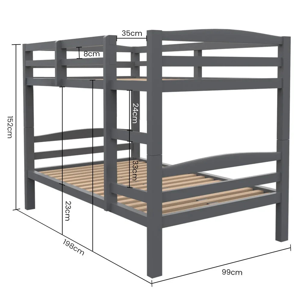 Single Bunk Bed Frame, Solid Pine 2-in-1 Modular Design, Converts to 2 Single Beds, For Kids, Grey