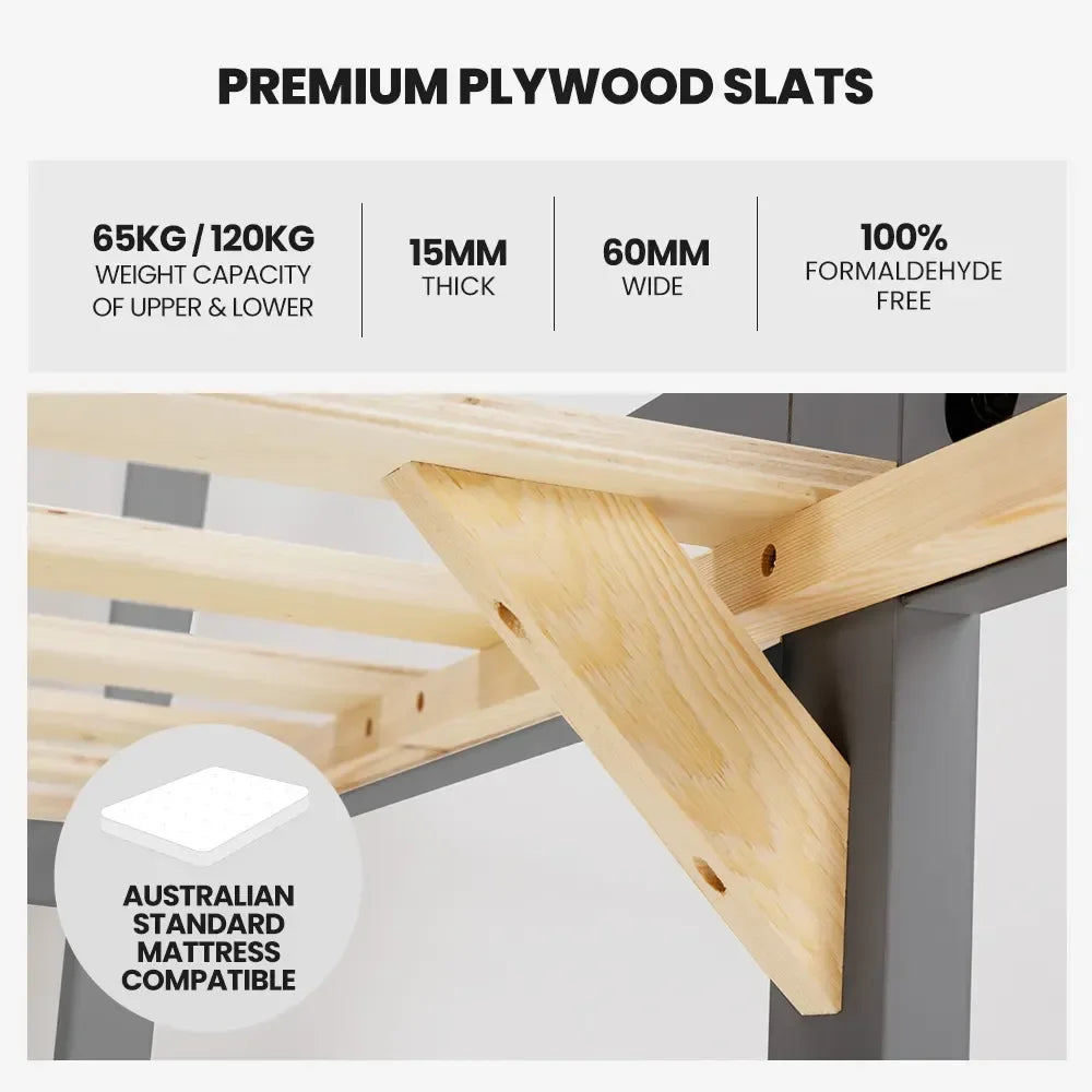 Single Bunk Bed Frame, Solid Pine 2-in-1 Modular Design Convert to 2 Single Beds, Grey