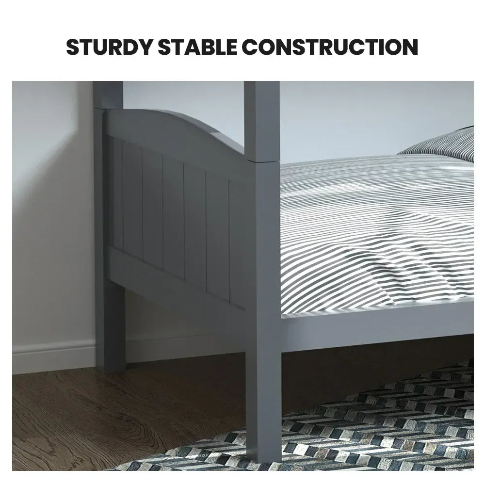 Single Bunk Bed Frame, Solid Pine 2-in-1 Modular Design Convert to 2 Single Beds, Grey
