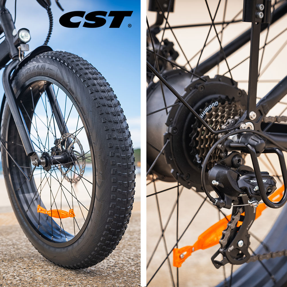 Electric Fat Tyre Cruiser Bike, Step-Through eBike with Throttle, Tektro Hydraulic Brakes, Matte Black