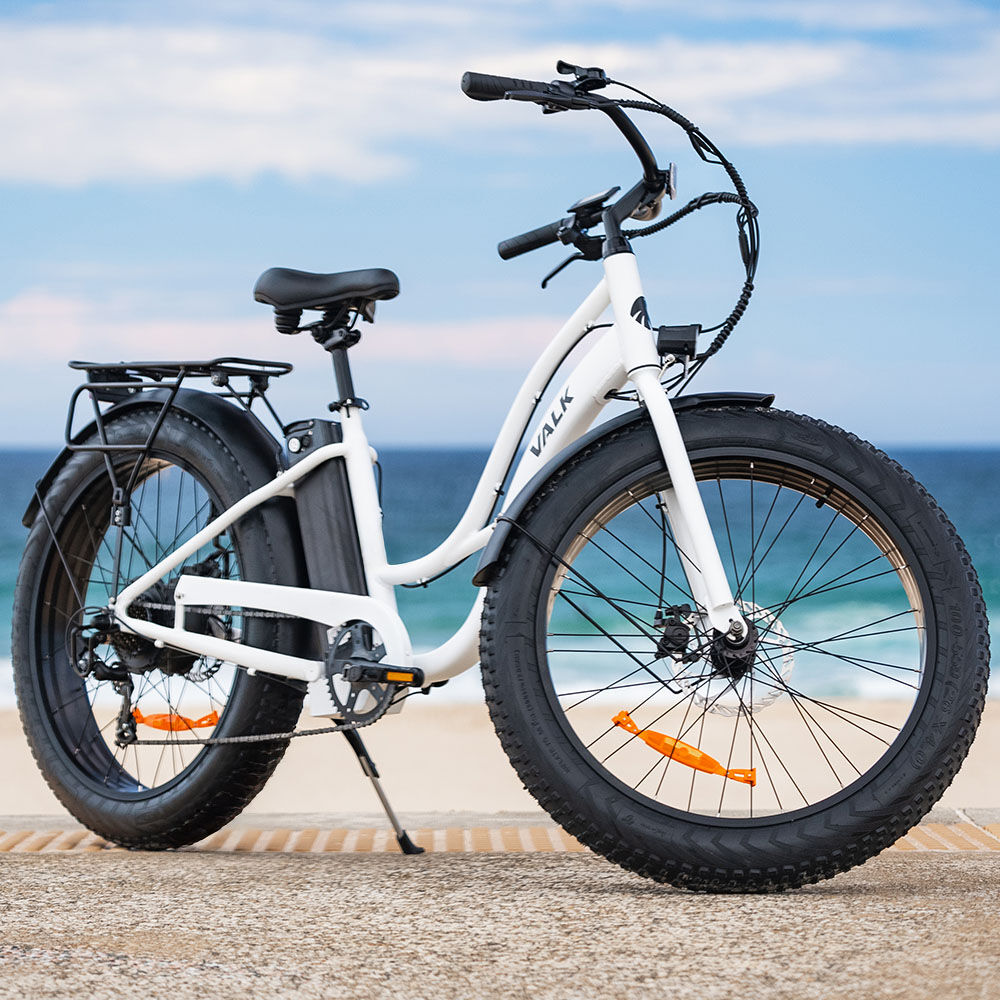 Electric Fat Tyre Cruiser Bike, Step-Through eBike with Throttle, Tektro Hydraulic Brakes, White
