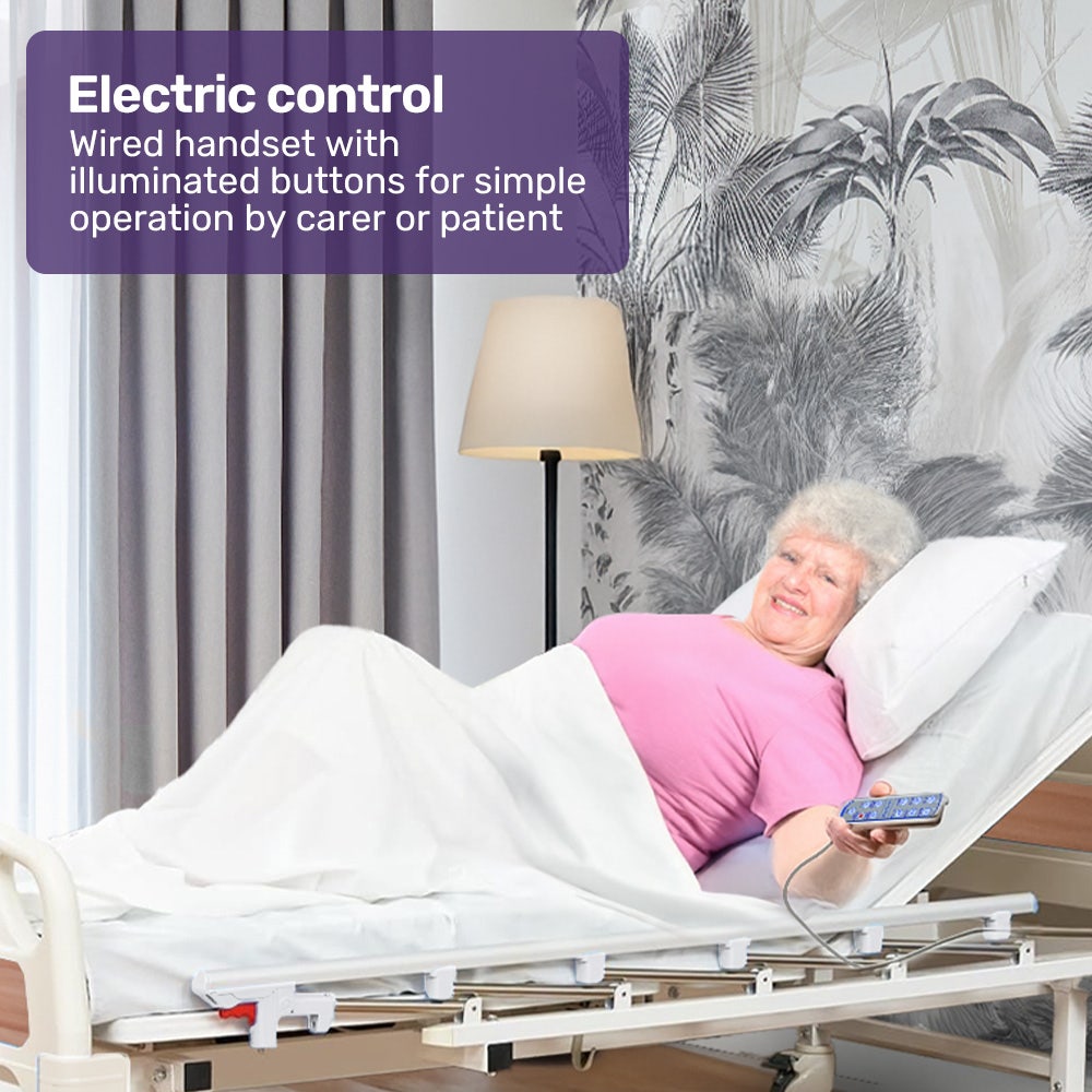 Electric 8 Function Medical Bed , w/ Mattress & Over Bed Table, Adjustable Back and Leg Lifting, Lateral Tilting, Commode Bowl, IV Pole