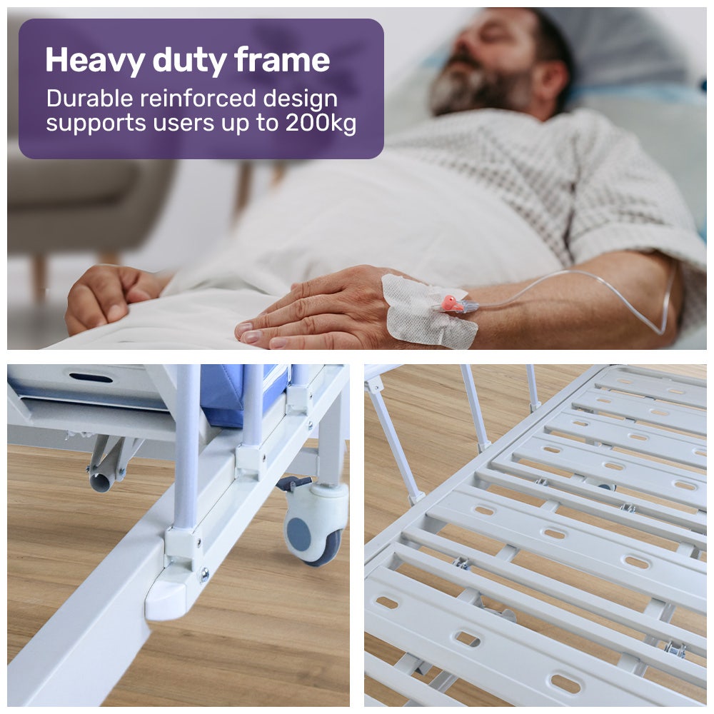 Electric 8 Function Medical Bed , w/ Mattress & Over Bed Table, Adjustable Back and Leg Lifting, Lateral Tilting, Commode Bowl, IV Pole