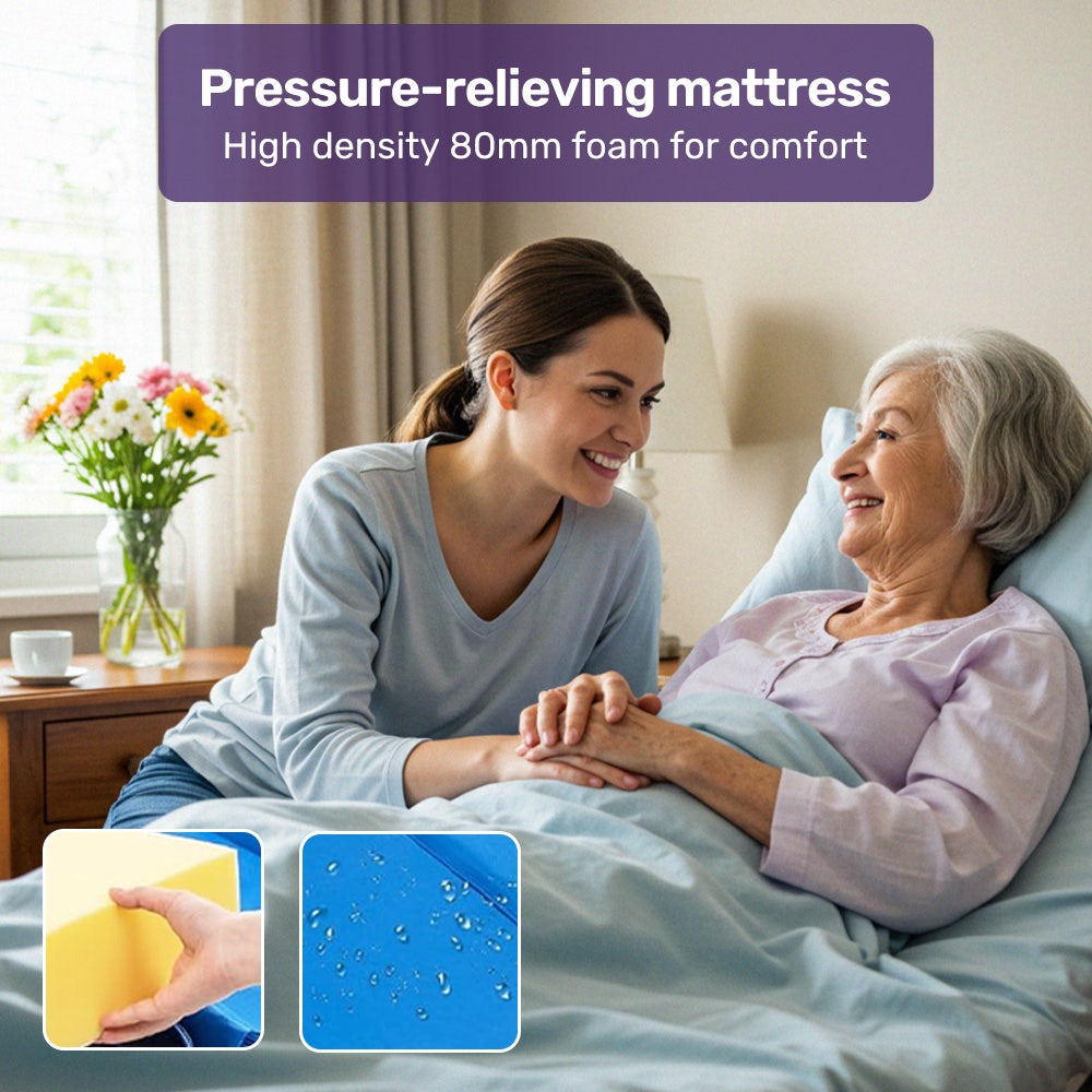 Electric 8 Function Medical Bed , w/ Mattress & Over Bed Table, Adjustable Back and Leg Lifting, Lateral Tilting, Commode Bowl, IV Pole