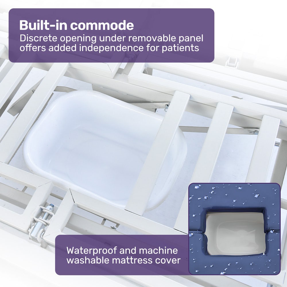 Electric 8 Function Medical Bed , w/ Mattress & Over Bed Table, Adjustable Back and Leg Lifting, Lateral Tilting, Commode Bowl, IV Pole