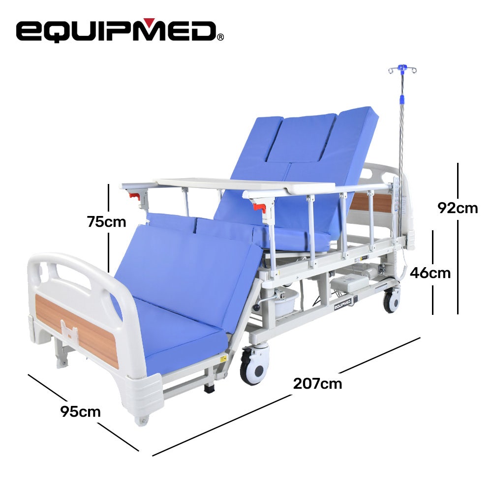Electric 8 Function Medical Bed , w/ Mattress & Over Bed Table, Adjustable Back and Leg Lifting, Lateral Tilting, Commode Bowl, IV Pole