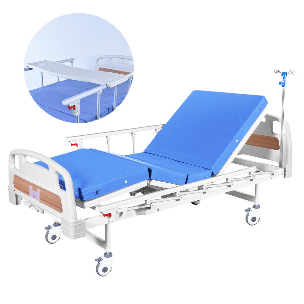 4 Function Medical Bed, w/ Mattress & Over Bed Table, Easy Manual Adjustable Back and Leg Incline, IV Pole