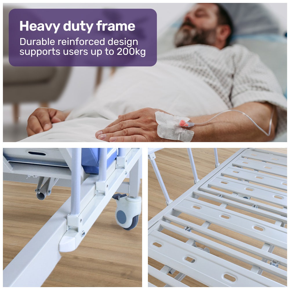 4 Function Medical Bed, w/ Mattress & Over Bed Table, Easy Manual Adjustable Back and Leg Incline, IV Pole