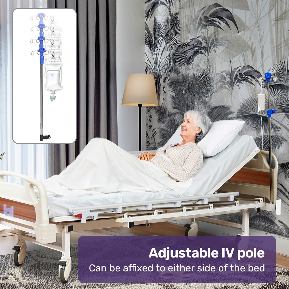 4 Function Medical Bed, w/ Mattress & Over Bed Table, Easy Manual Adjustable Back and Leg Incline, IV Pole