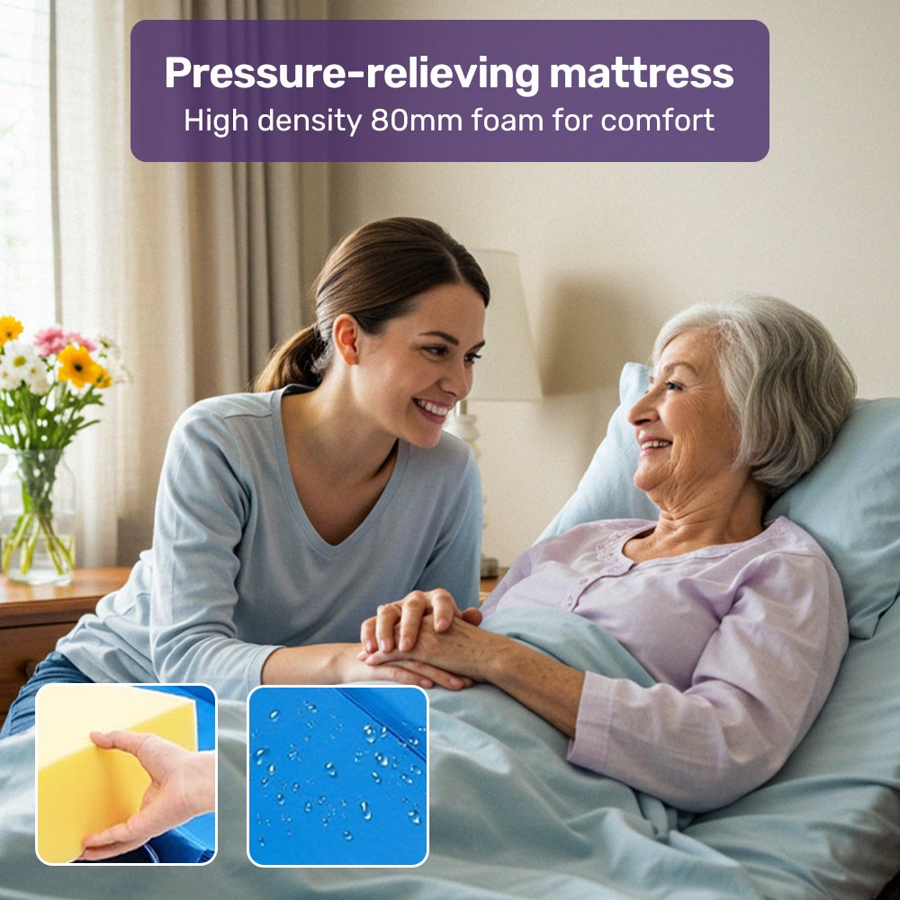 4 Function Medical Bed, w/ Mattress & Over Bed Table, Easy Manual Adjustable Back and Leg Incline, IV Pole