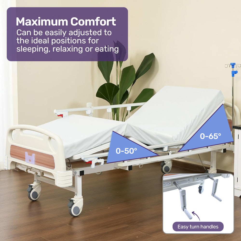 4 Function Medical Bed, w/ Mattress & Over Bed Table, Easy Manual Adjustable Back and Leg Incline, IV Pole