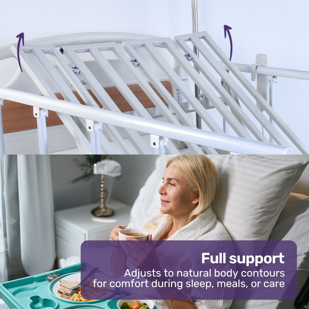 4 Function Medical Bed, w/ Mattress & Over Bed Table, Easy Manual Adjustable Back and Leg Incline, IV Pole