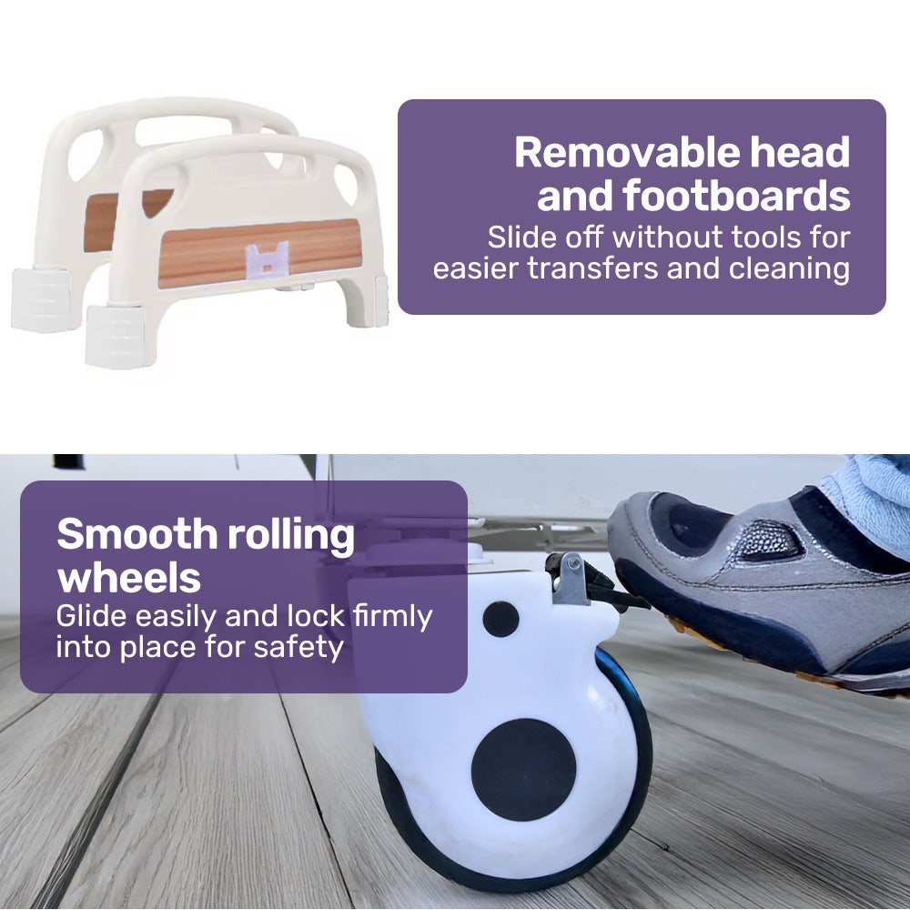 4 Function Medical Bed, w/ Mattress & Over Bed Table, Easy Manual Adjustable Back and Leg Incline, IV Pole