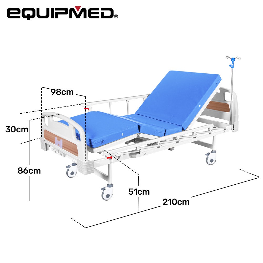 4 Function Medical Bed, w/ Mattress & Over Bed Table, Easy Manual Adjustable Back and Leg Incline, IV Pole