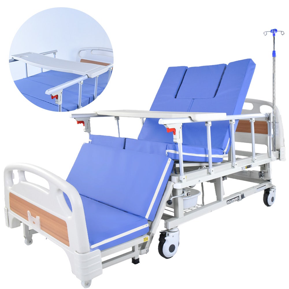 7 Function Medical Bed, w/ Mattress & Over Bed Table, Adjustable Back and Leg Lifting, Lateral Tilting, Commode Bowl, IV Pole