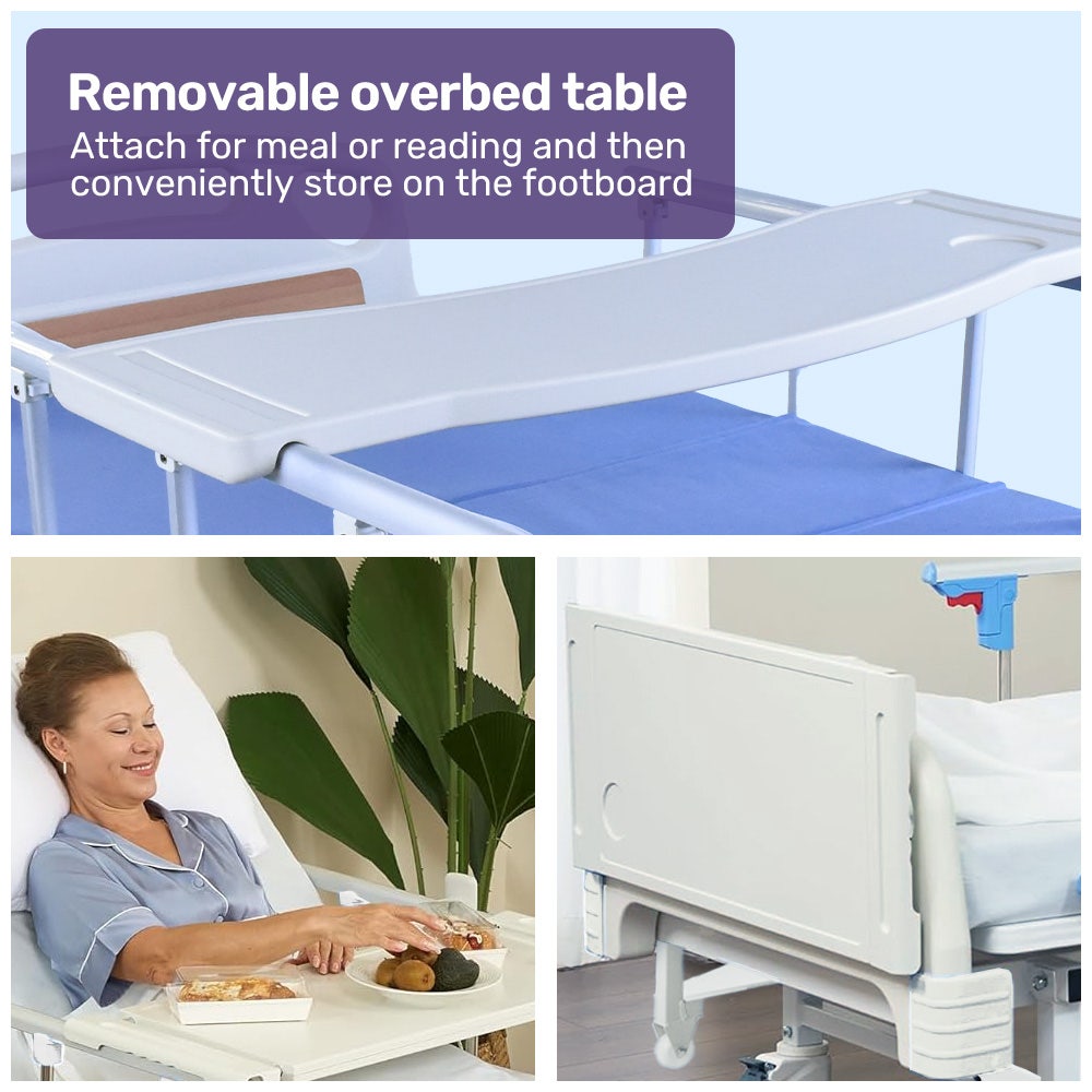 7 Function Medical Bed, w/ Mattress & Over Bed Table, Adjustable Back and Leg Lifting, Lateral Tilting, Commode Bowl, IV Pole