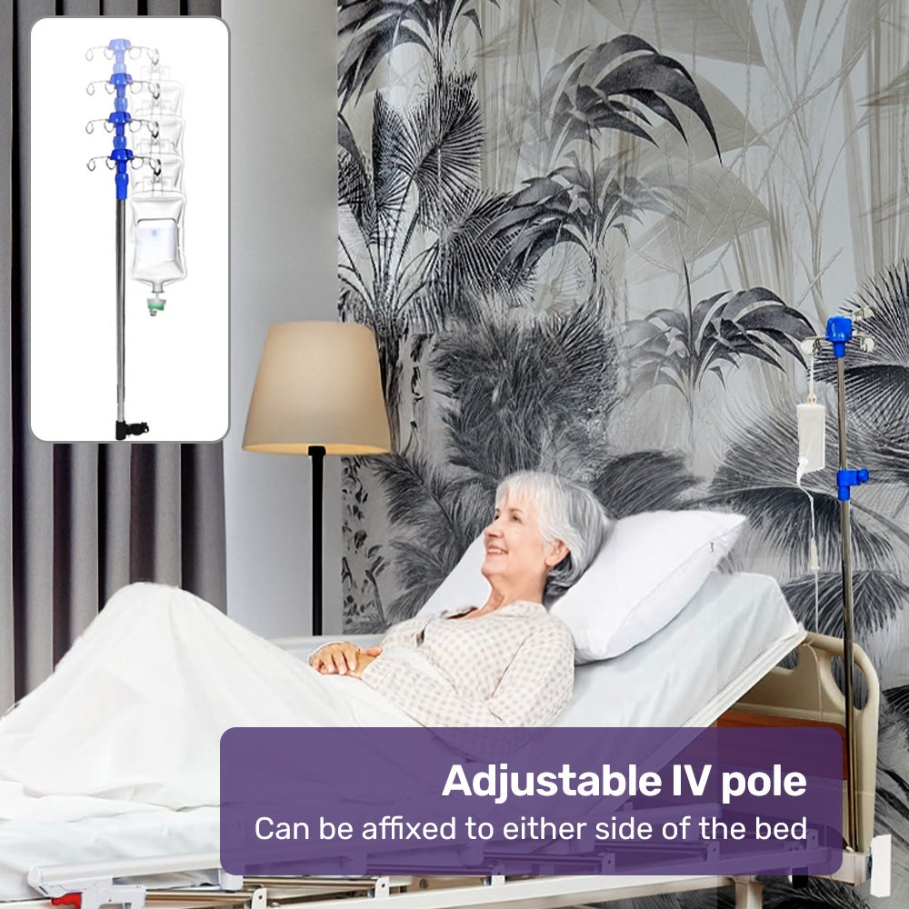 7 Function Medical Bed, w/ Mattress & Over Bed Table, Adjustable Back and Leg Lifting, Lateral Tilting, Commode Bowl, IV Pole