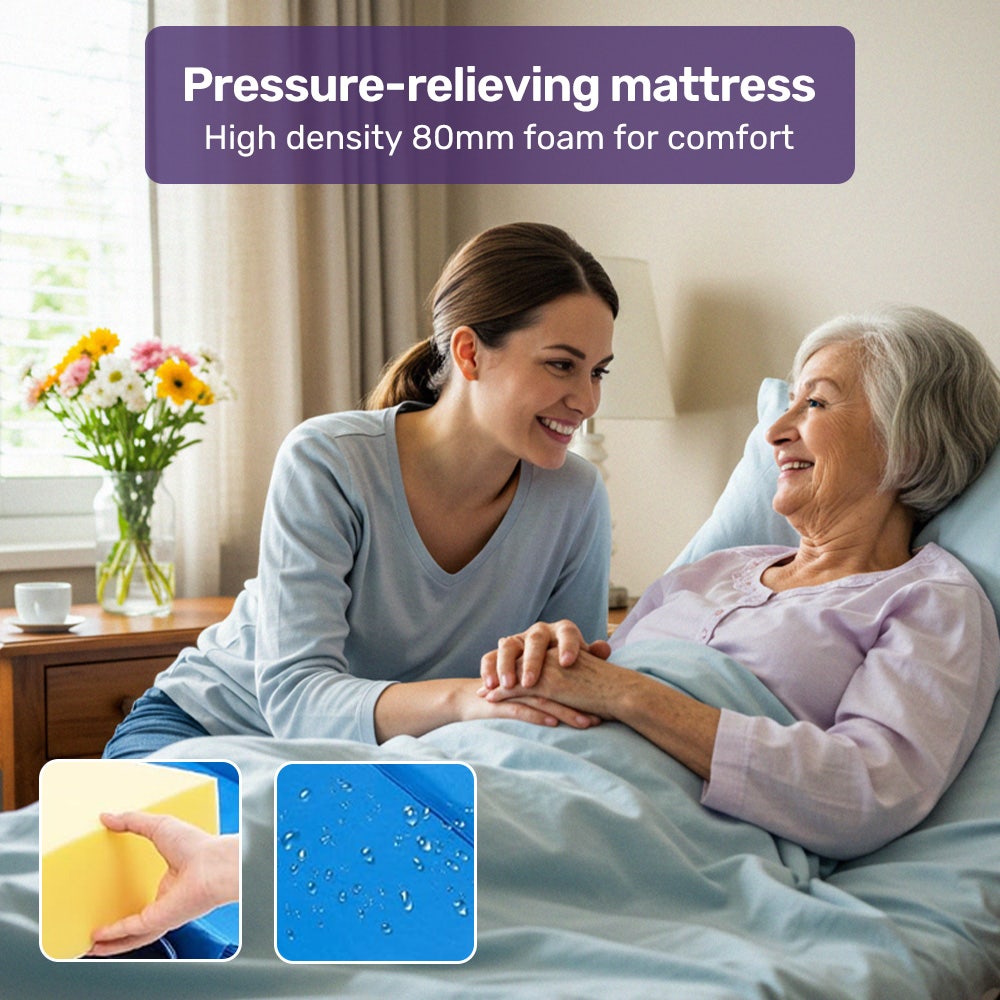 7 Function Medical Bed, w/ Mattress & Over Bed Table, Adjustable Back and Leg Lifting, Lateral Tilting, Commode Bowl, IV Pole