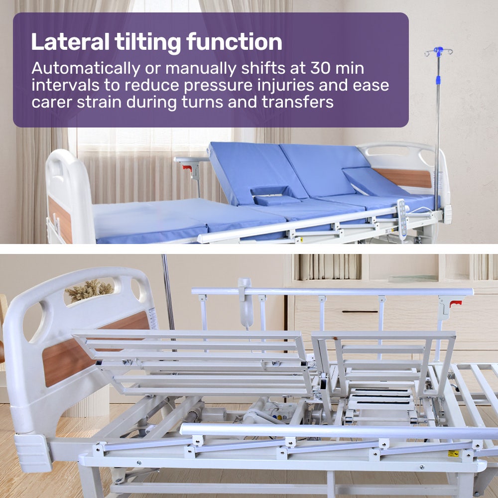 7 Function Medical Bed, w/ Mattress & Over Bed Table, Adjustable Back and Leg Lifting, Lateral Tilting, Commode Bowl, IV Pole