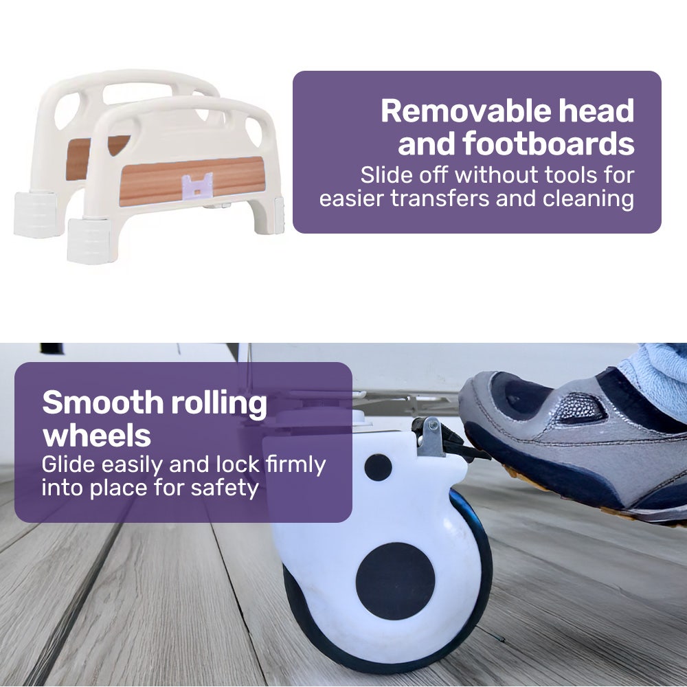 7 Function Medical Bed, w/ Mattress & Over Bed Table, Adjustable Back and Leg Lifting, Lateral Tilting, Commode Bowl, IV Pole