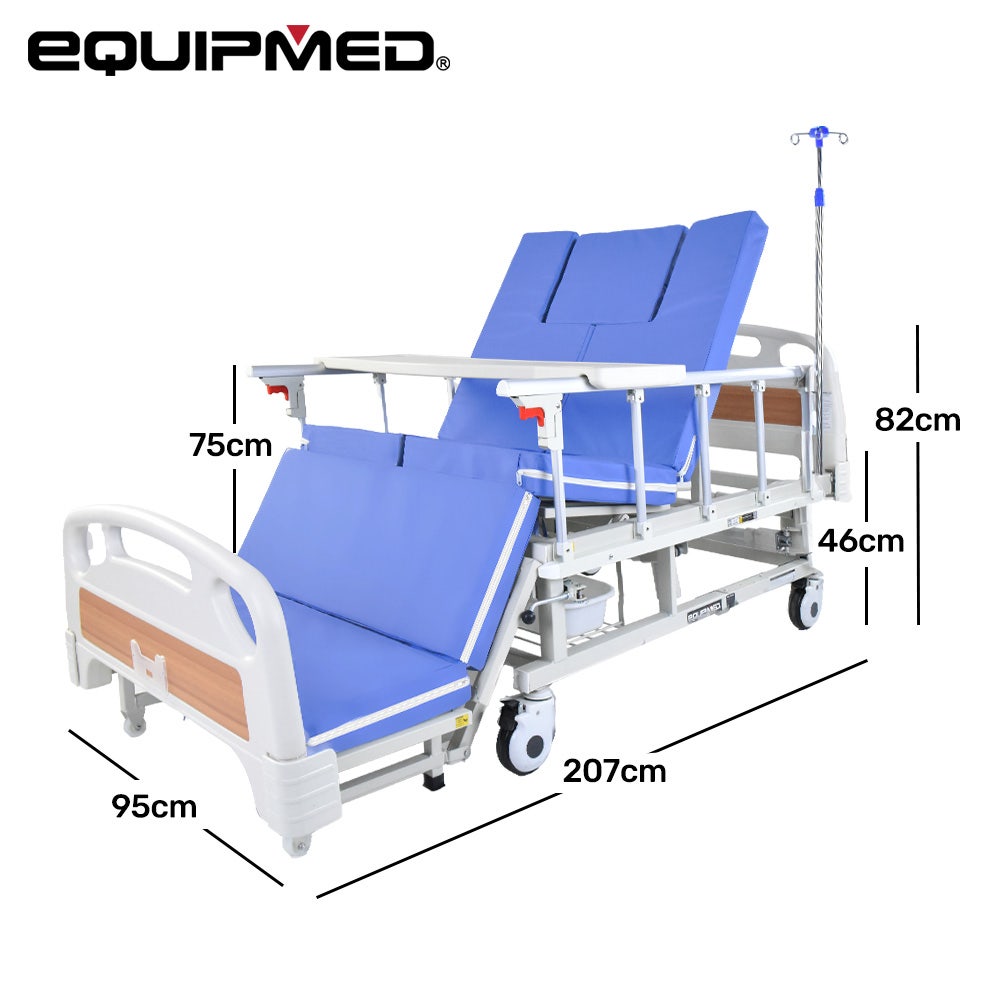 7 Function Medical Bed, w/ Mattress & Over Bed Table, Adjustable Back and Leg Lifting, Lateral Tilting, Commode Bowl, IV Pole