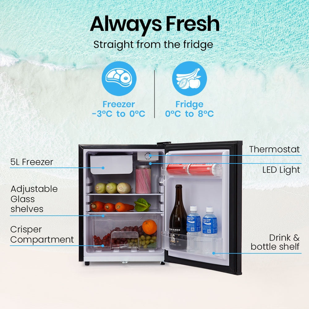 70L Portable Bar Fridge and Freezer 12V/24V for Camping, Caravans, Black