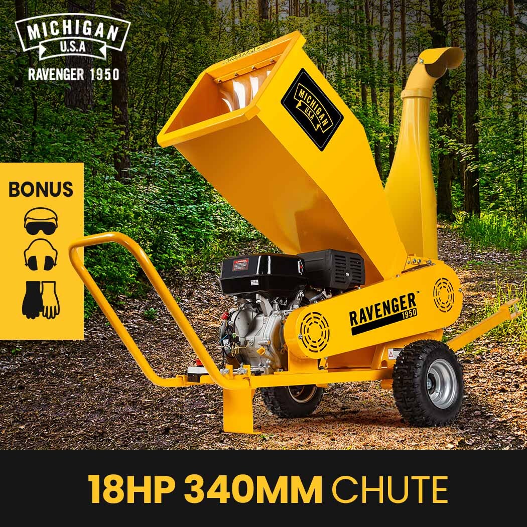 18HP 420cc Petrol Commercial Wood Chipper, Towable, Tree Mulcher - Ravenger 1950