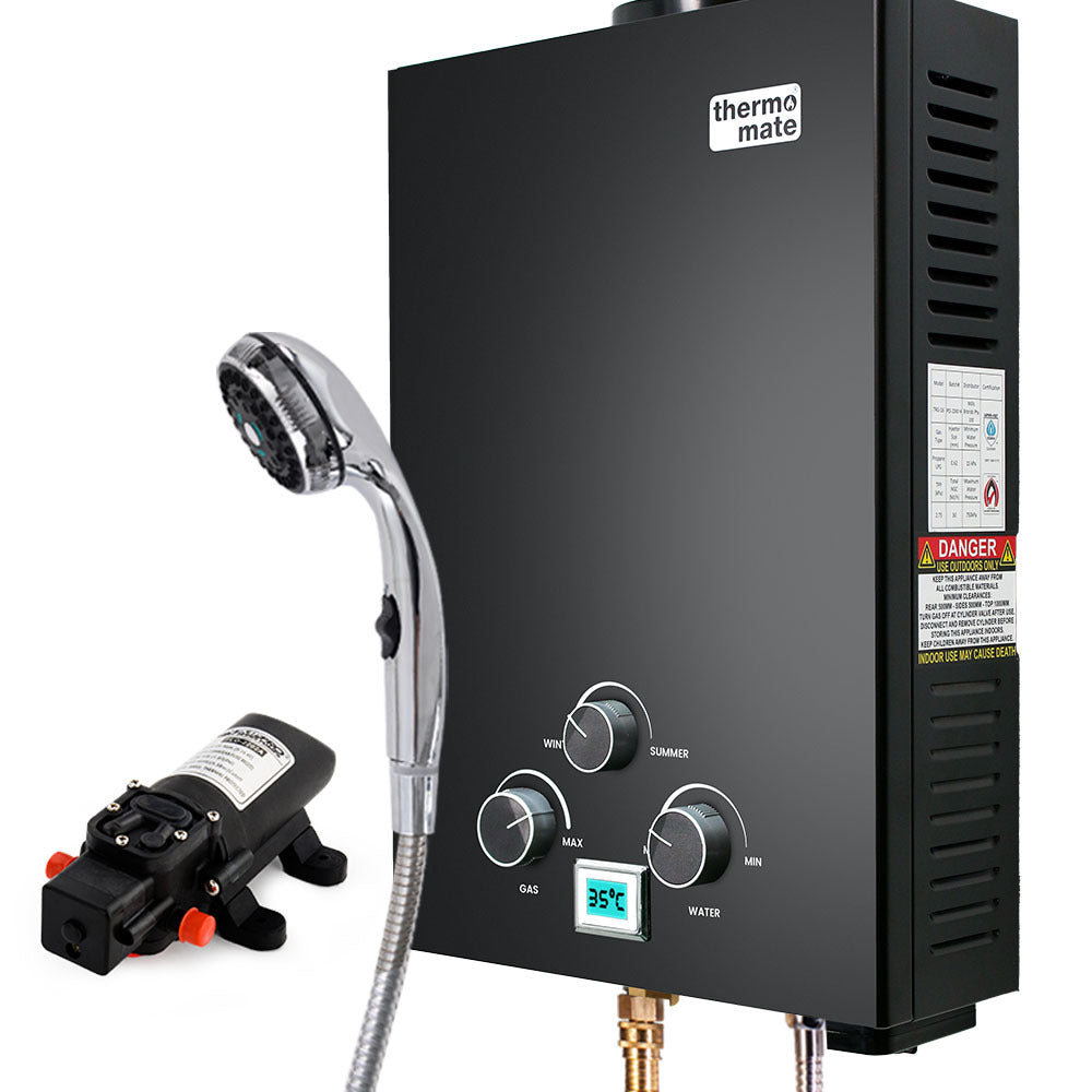 Portable Gas Outdoor Camping Hot Water Heater System, with 12V Pump, Shower Head, Black