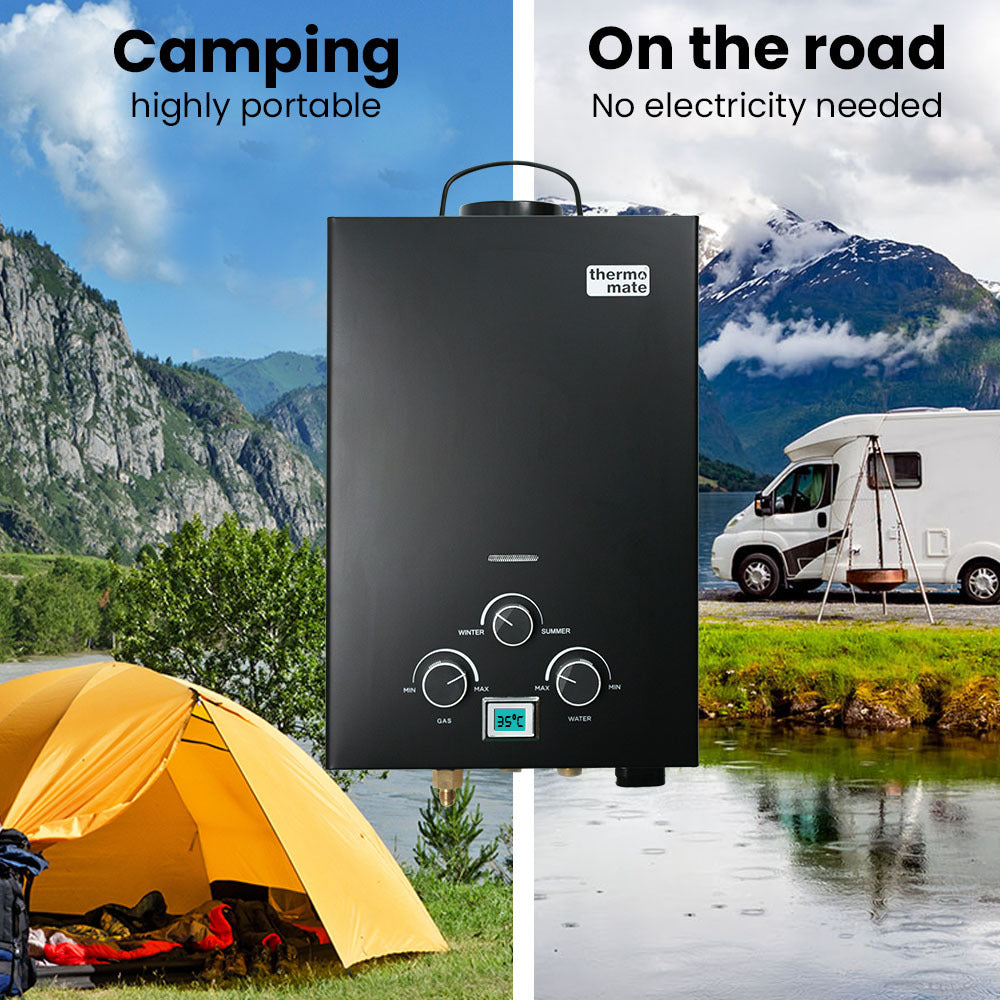 Portable Gas Outdoor Camping Hot Water Heater System, with 12V Pump, Shower Head, Black