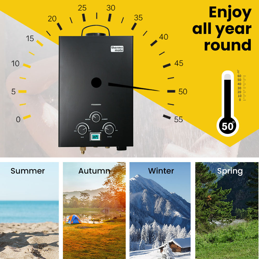 Portable Gas Outdoor Camping Hot Water Heater System, with 12V Pump, Shower Head, Black