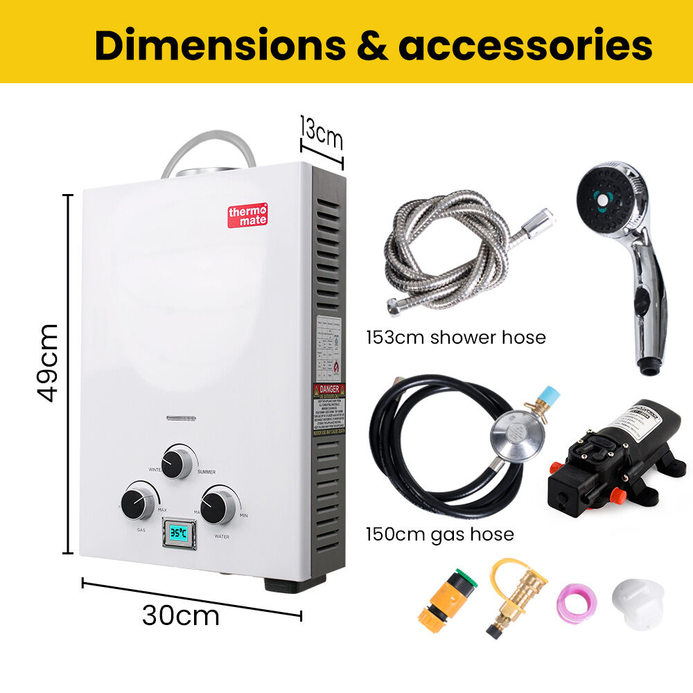 Portable Gas Outdoor Camping Hot Water Heater System, with 12V Pump, Shower Head, White