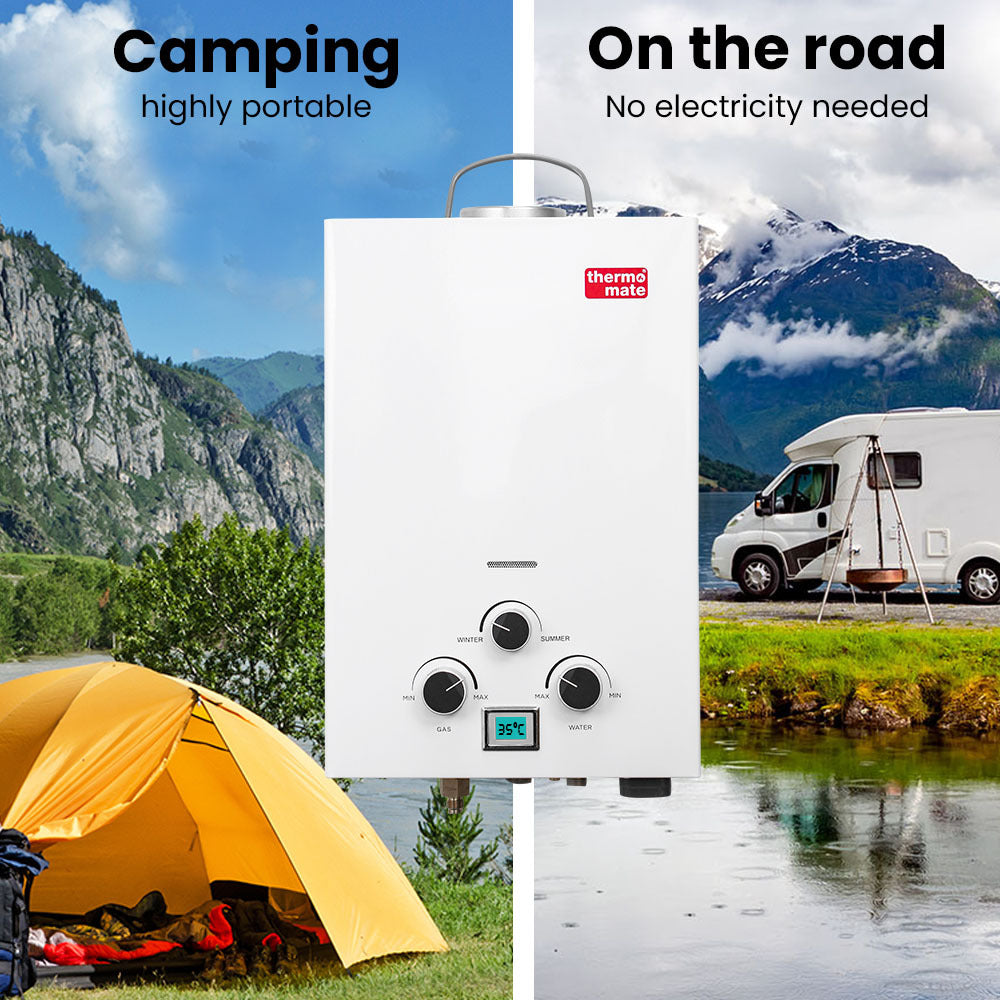 Portable Gas Outdoor Camping Hot Water Heater System, with 12V Pump, Shower Head, White