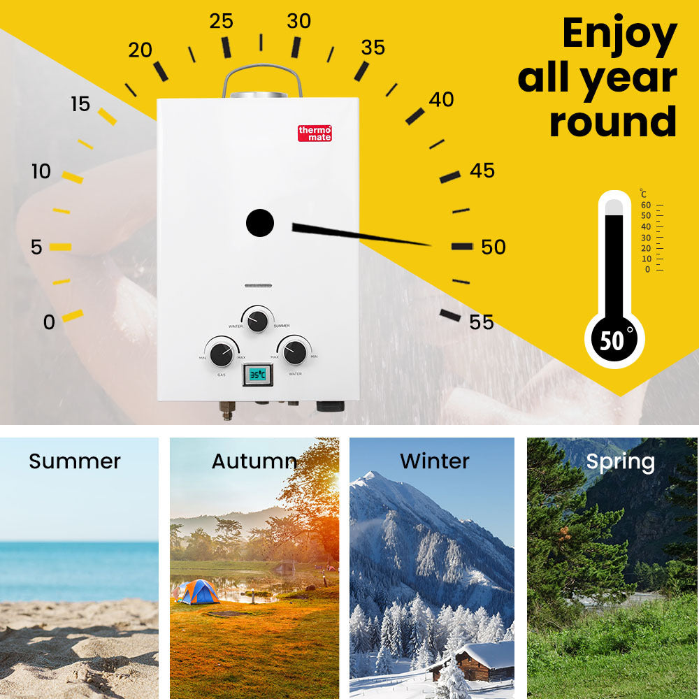 Portable Gas Outdoor Camping Hot Water Heater System, with 12V Pump, Shower Head, White