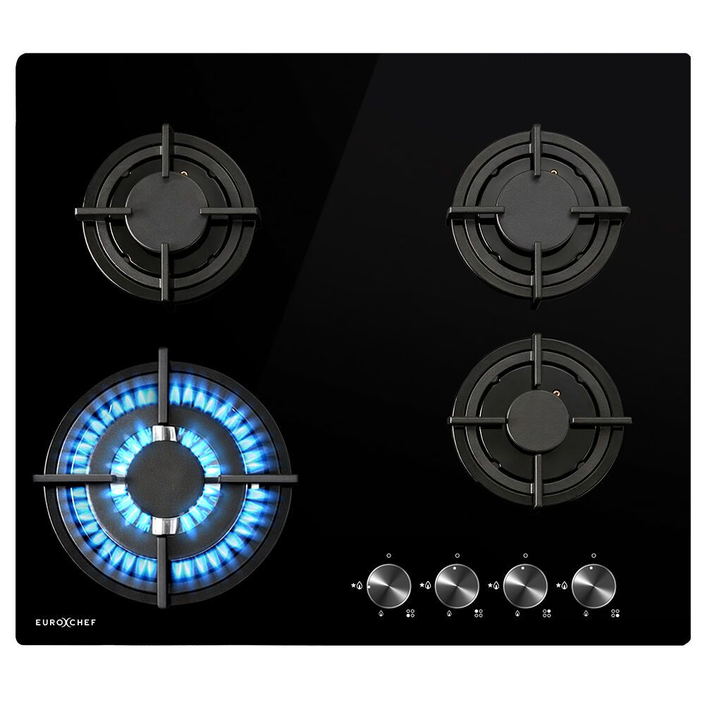60cm 4 Burner Gas Cooktop, with Wok Burner, Tempered Glass, Natural Gas & LPG, Black