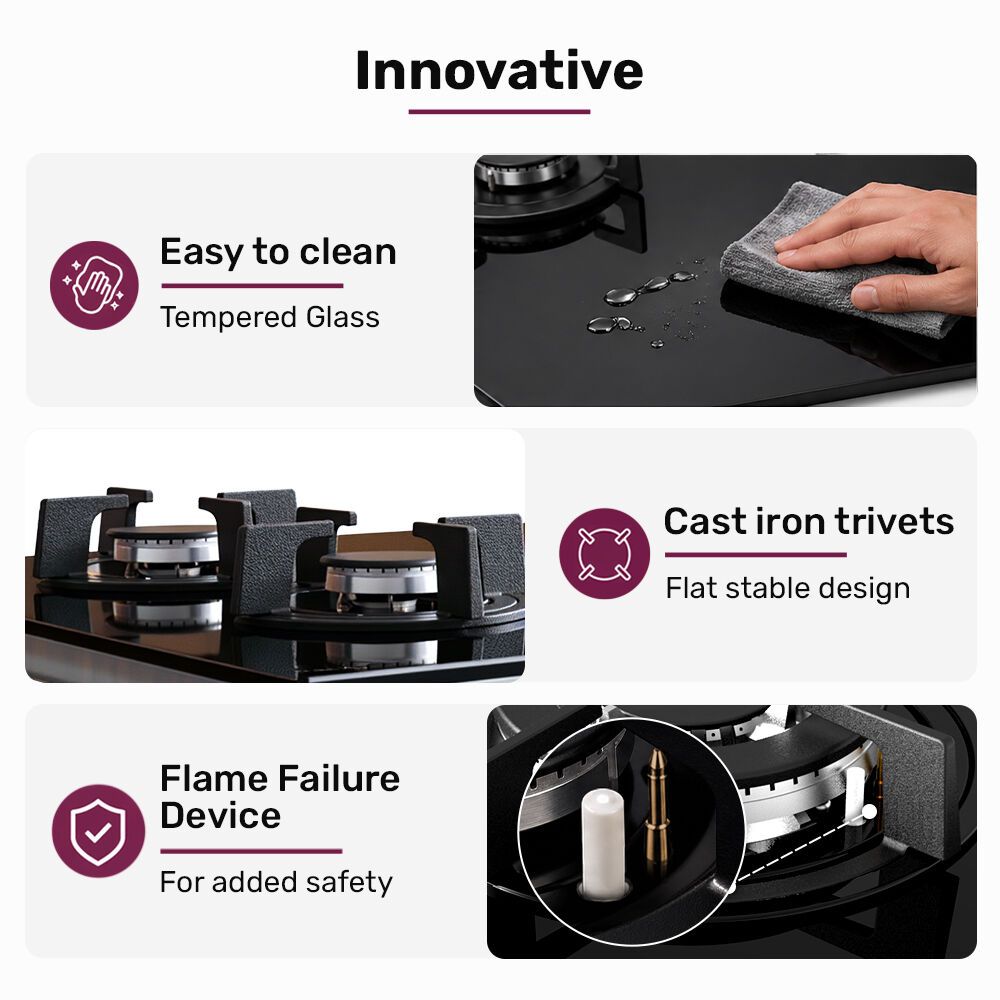 60cm 4 Burner Gas Cooktop, with Wok Burner, Tempered Glass, Natural Gas & LPG, Black
