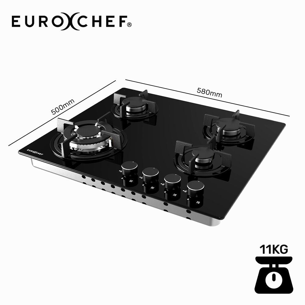 60cm 4 Burner Gas Cooktop, with Wok Burner, Tempered Glass, Natural Gas & LPG, Black