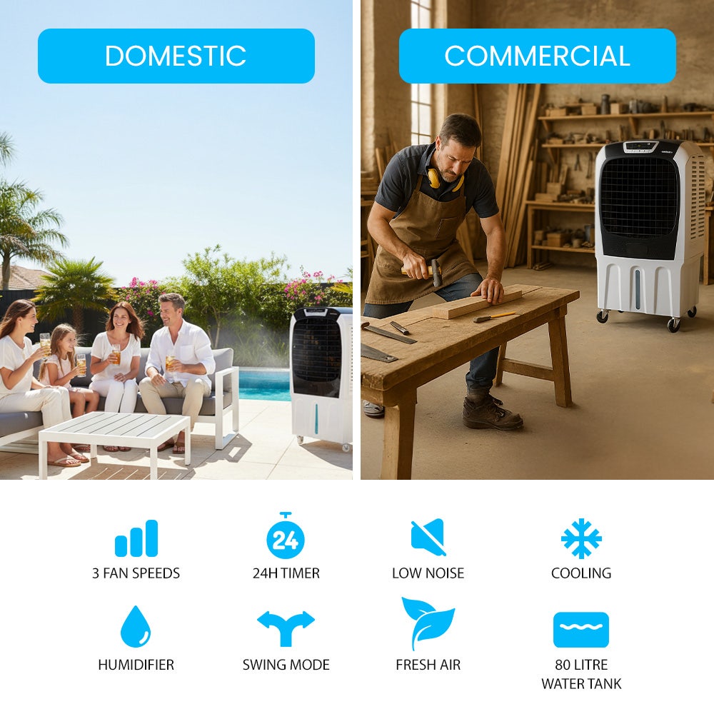 450W 80L Evaporative Air Cooler, Commercial Grade, Remote Control, Fan