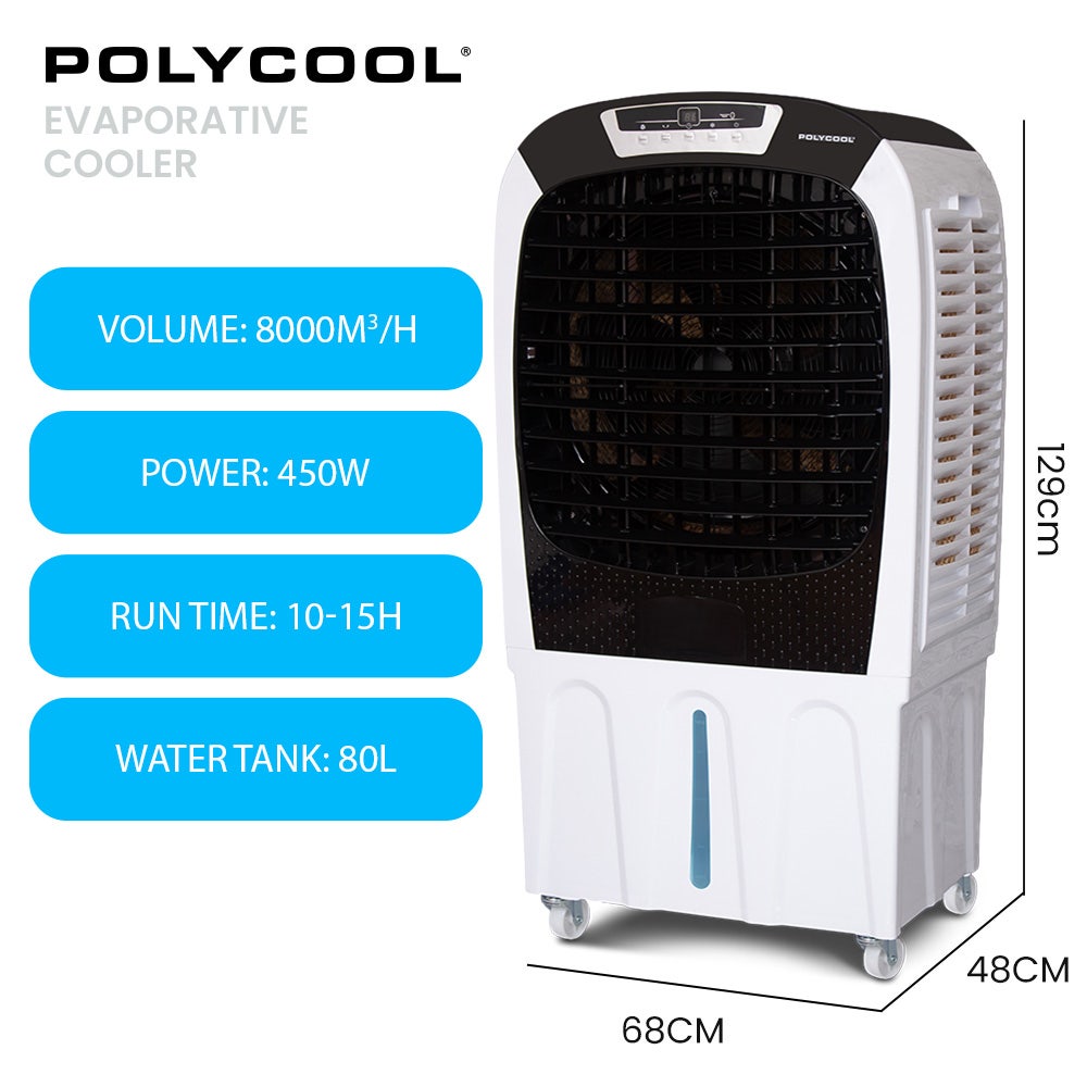 450W 80L Evaporative Air Cooler, Commercial Grade, Remote Control, Fan