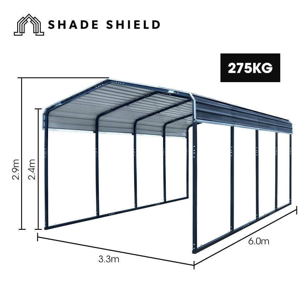 Single Carport Shed 3.3 x 6 x 2.9m, Galvanised Steel Frame, Powder Coated Gable Roof, Shelter for Car Caravan Boat Tractor Agricultural