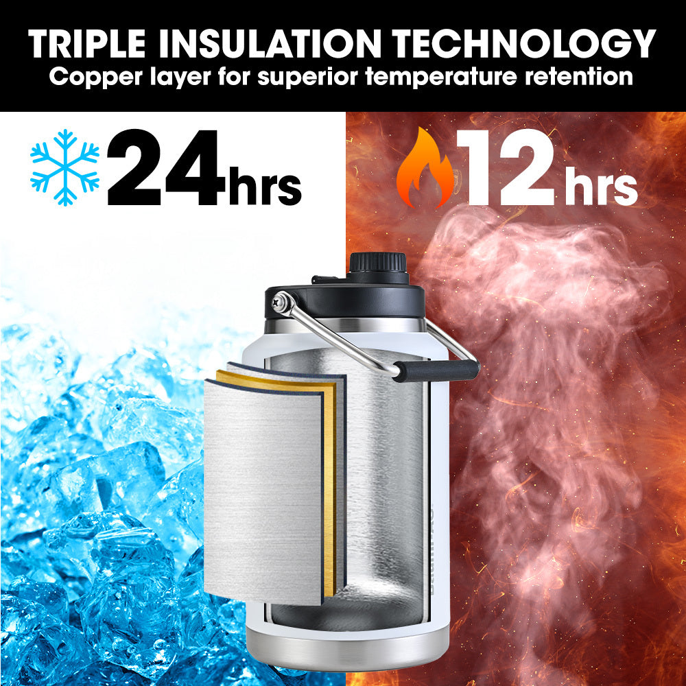 3.8L Double Wall Insulated Stainless Steel Water Bottle, Drink Jug with Handle, White